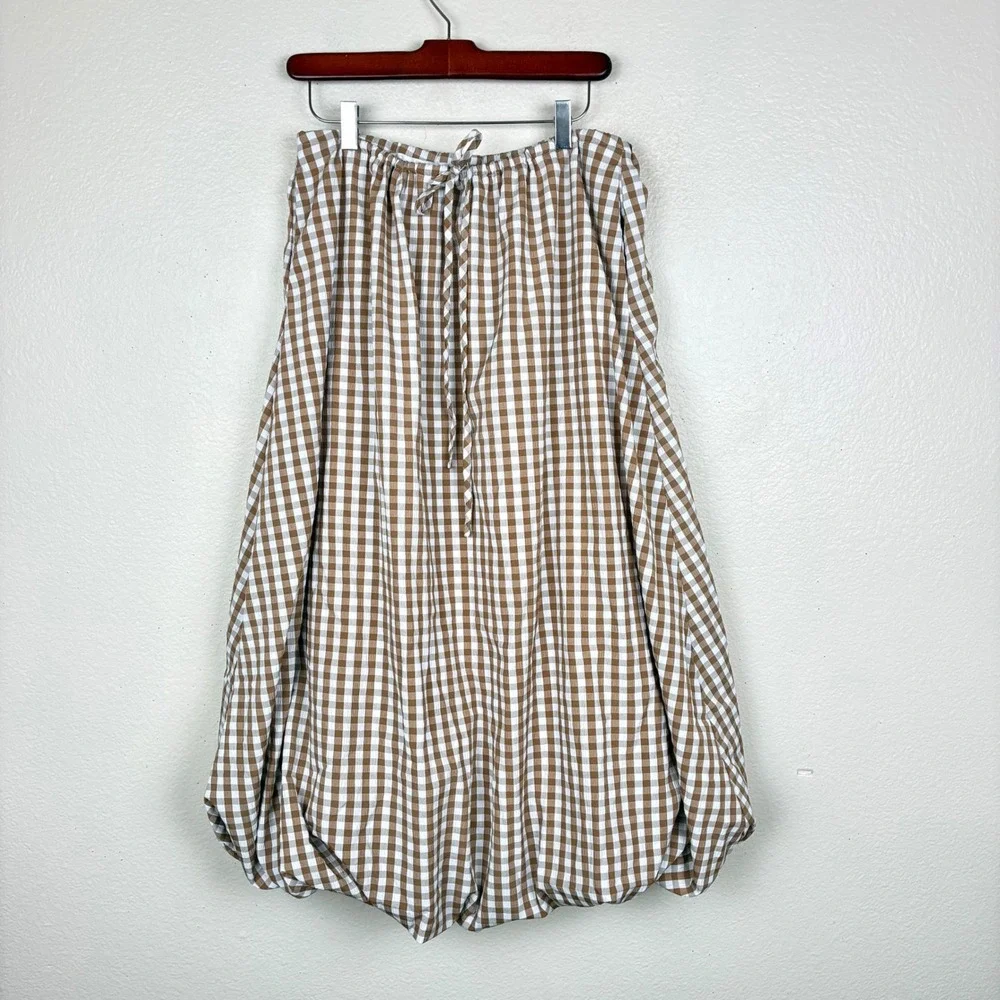 Emerson Lang Skirt XL Bubble Balloon Hem Midi Gingham Cottage Boho Brown Plaid